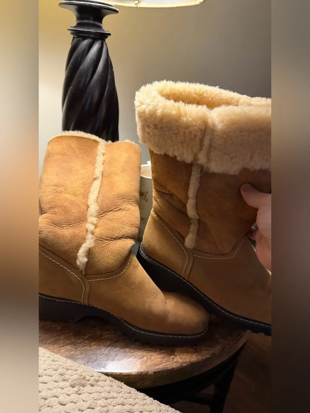 La CANADIENNE Tan Suede Shearling-Trim Mid-Calf Boots
